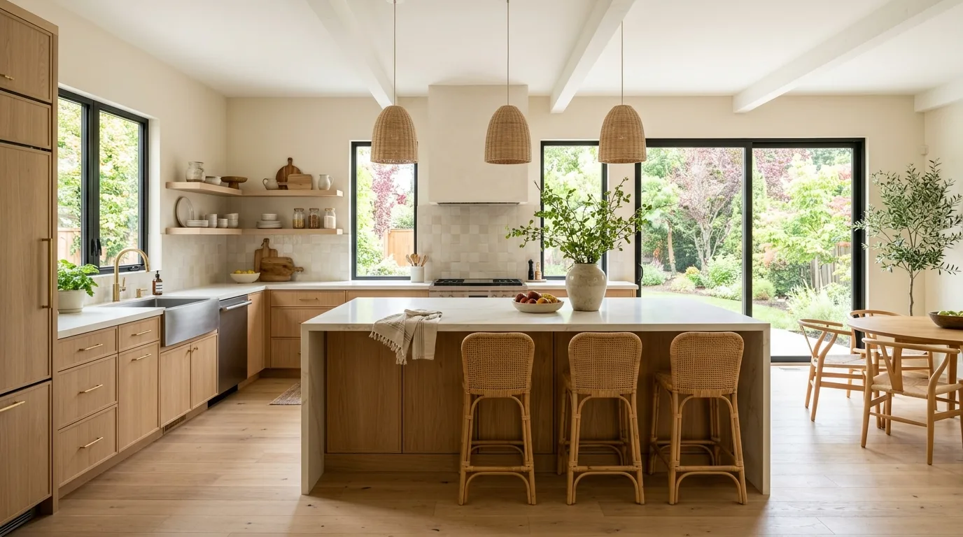 Warm white and white oak kitchen with natural modern styling.